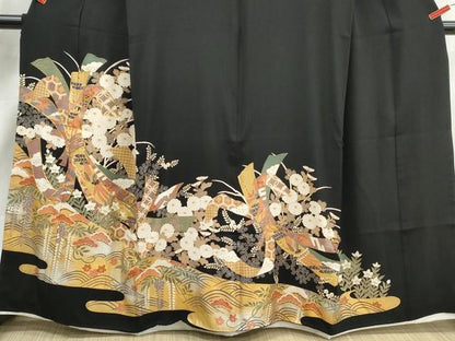 平和屋着物■豪華黒留袖　駒刺繍　束ね熨斗花鳥文　金彩　正絹　逸品　DABJ0418qa