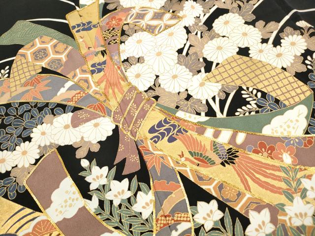平和屋着物■豪華黒留袖　駒刺繍　束ね熨斗花鳥文　金彩　正絹　逸品　DABJ0418qa