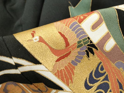 平和屋着物■豪華黒留袖　駒刺繍　束ね熨斗花鳥文　金彩　正絹　逸品　DABJ0418qa