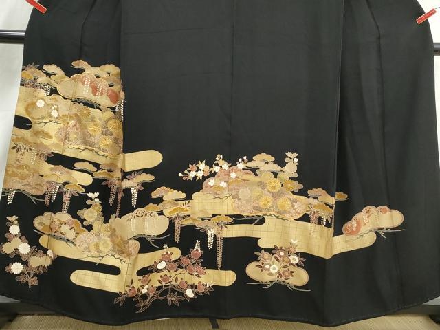 平和屋着物■豪華黒留袖　駒刺繍　エ霞花松文　金彩　正絹　逸品　DABJ0420qa