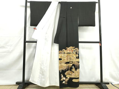 平和屋着物■豪華黒留袖　駒刺繍　エ霞花松文　金彩　正絹　逸品　DABJ0420qa