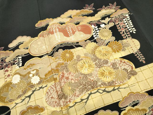 平和屋着物■豪華黒留袖　駒刺繍　エ霞花松文　金彩　正絹　逸品　DABJ0420qa