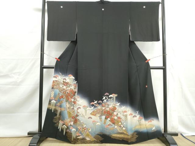平和屋着物■豪華黒留袖　作家物　駒刺繍　飛鶴御所車花松文　暈し染め　金彩　正絹　逸品　DABJ0421qa