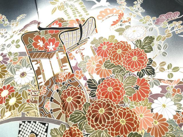 平和屋着物■豪華黒留袖　作家物　駒刺繍　飛鶴御所車花松文　暈し染め　金彩　正絹　逸品　DABJ0421qa