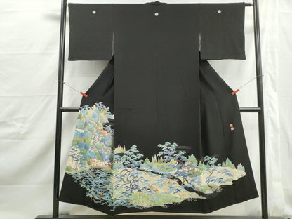 平和屋着物■豪華黒留袖　友禅　作家物　風景枝松文　正絹　逸品　DABJ0422qa