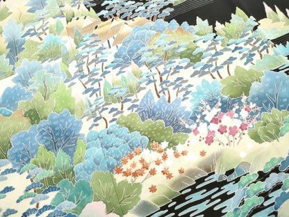 平和屋着物■豪華黒留袖　友禅　作家物　風景枝松文　正絹　逸品　DABJ0422qa