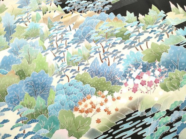 平和屋着物■豪華黒留袖　友禅　作家物　風景枝松文　正絹　逸品　DABJ0422qa