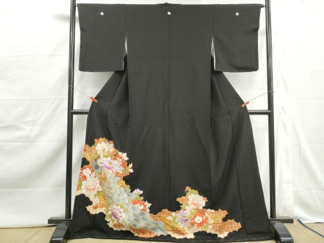 平和屋着物■豪華黒留袖　駒刺繍　孔雀花文　金彩　ロング丈　正絹　逸品　DABJ0423qa