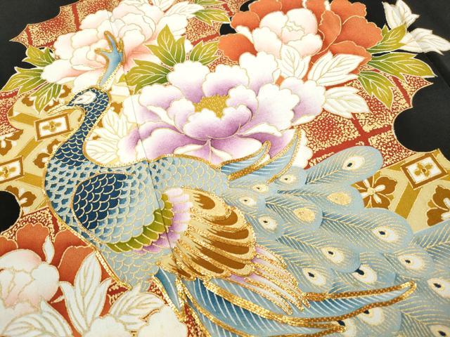平和屋着物■豪華黒留袖　駒刺繍　孔雀花文　金彩　ロング丈　正絹　逸品　DABJ0423qa