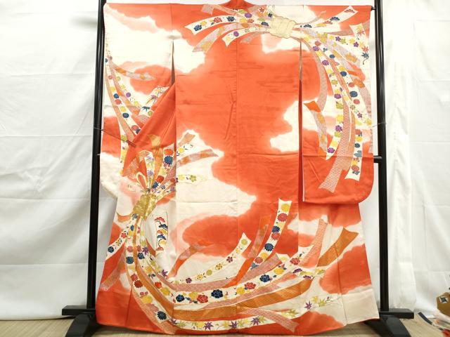 平和屋着物■豪華振袖　駒刺繍　束ね熨斗花松文　暈し染め　金彩　正絹　逸品　DABJ0443qa