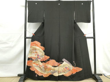 平和屋着物■豪華黒留袖　絵巻風景文　鴛鴦　金彩　正絹　逸品　DABJ0462qa