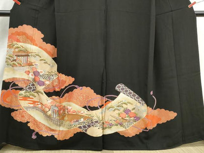 平和屋着物■豪華黒留袖　絵巻風景文　鴛鴦　金彩　正絹　逸品　DABJ0462qa