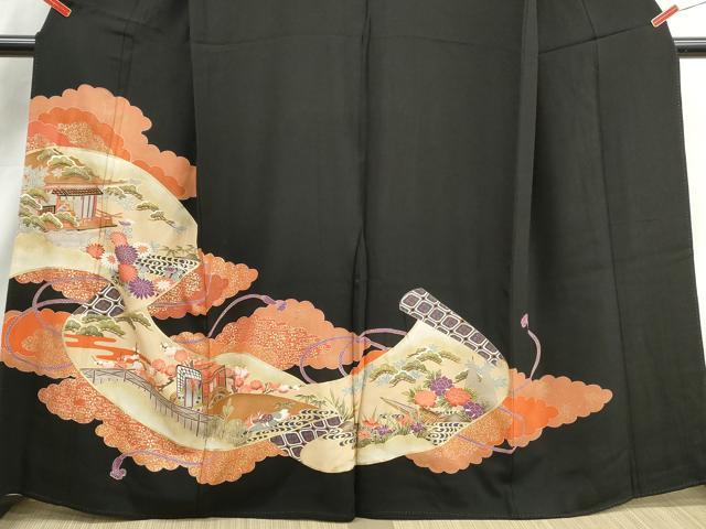 平和屋着物■豪華黒留袖　絵巻風景文　鴛鴦　金彩　正絹　逸品　DABJ0462qa