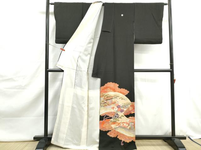 平和屋着物■豪華黒留袖　絵巻風景文　鴛鴦　金彩　正絹　逸品　DABJ0462qa