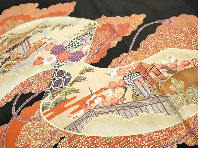 平和屋着物■豪華黒留袖　絵巻風景文　鴛鴦　金彩　正絹　逸品　DABJ0462qa