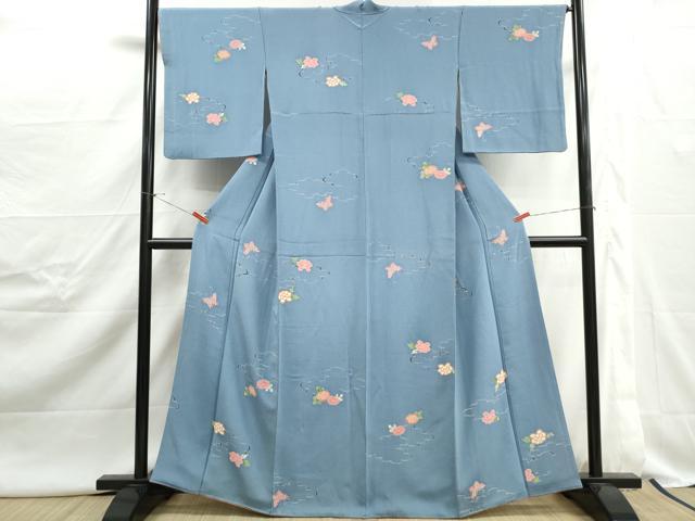 平和屋着物■上質な小紋　花蝶文　鬼しぼ縮緬　正絹　逸品　DABJ0513qa