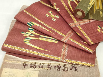 平和屋着物▼本場筑前博多織　名古屋帯　帯反物　抽象文様　証紙付き　逸品　未使用　DABJ0560zy