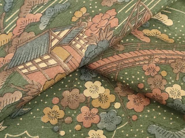 平和屋着物▼小紋　反物　着尺　紬地　渡橋風景　松竹梅　逸品　未使用　DABJ0564zy