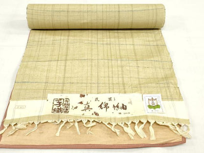 平和屋着物▼真綿紬　反物　着尺　手織　格子　証紙付き　逸品　未使用　DABJ0603zy