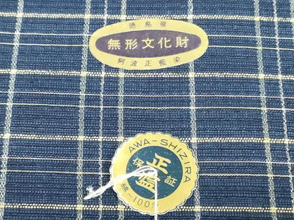 平和屋着物＊夏物　阿波しじら織　浴衣　反物　着尺　正藍染　格子　証紙付き　綿　逸品　未使用　DABJ0631zy