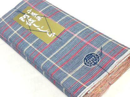 平和屋着物＊夏物　阿波しじら織　浴衣　反物　着尺　正藍染　格子　証紙付き　綿　逸品　未使用　DABJ0635zy