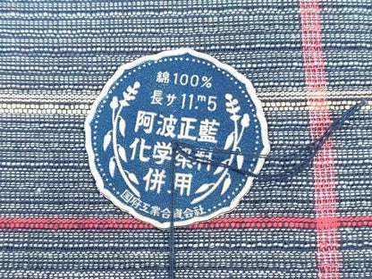 平和屋着物＊夏物　阿波しじら織　浴衣　反物　着尺　正藍染　格子　証紙付き　綿　逸品　未使用　DABJ0635zy