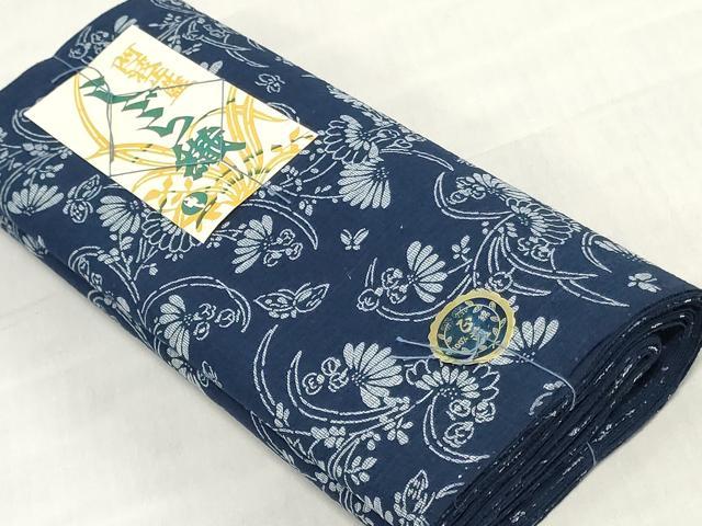 平和屋着物＊夏物　阿波しじら織　浴衣　反物　着尺　正藍染　花蝶文　証紙付き　綿　逸品　未使用　DABJ0636zy