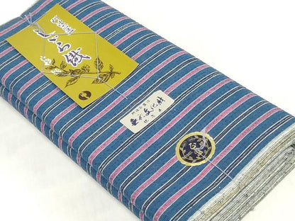 平和屋着物＊夏物　阿波しじら織　浴衣　反物　着尺　正藍染　縞　証紙付き　綿　逸品　未使用　DABJ0638zy