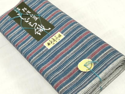 平和屋着物＊夏物　阿波しじら織　浴衣　反物　着尺　正藍染　間道　証紙付き　綿　逸品　未使用　DABJ0643zy