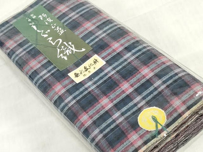 平和屋着物＊夏物　阿波しじら織　浴衣　反物　着尺　正藍染　格子　証紙付き　綿　逸品　未使用　DABJ0650zy