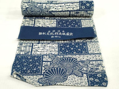 平和屋着物＊夏物　浴衣　反物　着尺　無形文化戝長板藍染　綿絽　注染　草花文　 綿　逸品　未使用　DABJ0655zy
