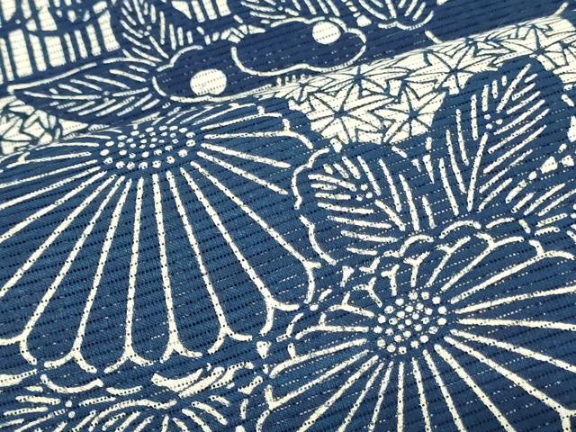 平和屋着物＊夏物　浴衣　反物　着尺　無形文化戝長板藍染　綿絽　注染　草花文　 綿　逸品　未使用　DABJ0655zy