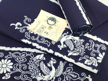 平和屋着物＊夏物　竺仙鑑製　浴衣　反物　着尺　注染　鳳凰花唐草　証紙付き　綿　逸品　未使用　DABJ0656zy