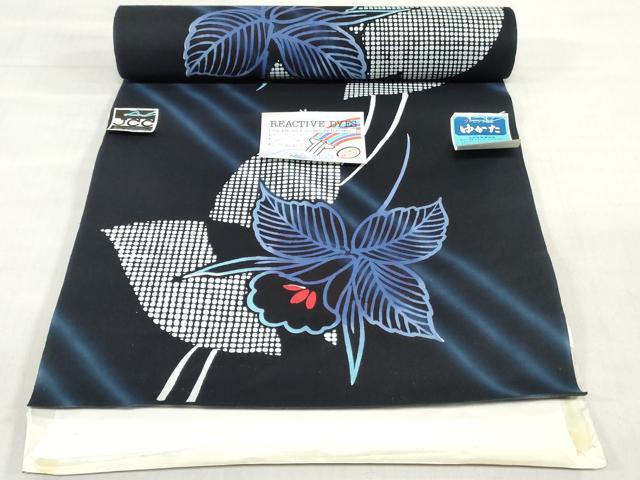平和屋着物＊夏物　世界的ファッションデザイナー　山本寛斎　kansaiブランド 浴衣 反物 着尺 注染 草花 黒地 綿 逸品 未使用 DABJ0660zy