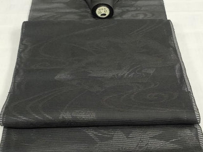 平和屋着物＊夏物　西陣　名古屋帯　黒生地　帯反物　地紙草花文　証紙付き　逸品　未使用　DABJ0825zy