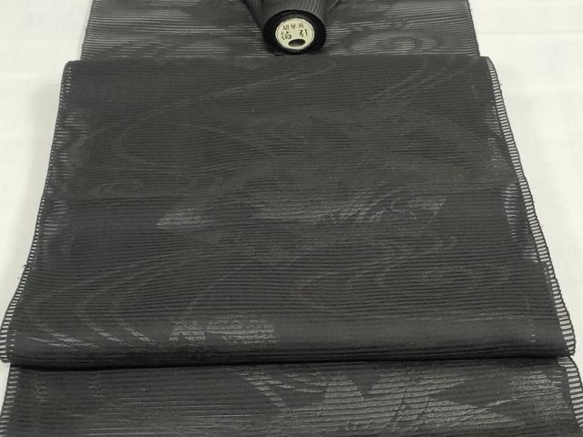 平和屋着物＊夏物　西陣　名古屋帯　黒生地　帯反物　地紙草花文　証紙付き　逸品　未使用　DABJ0825zy