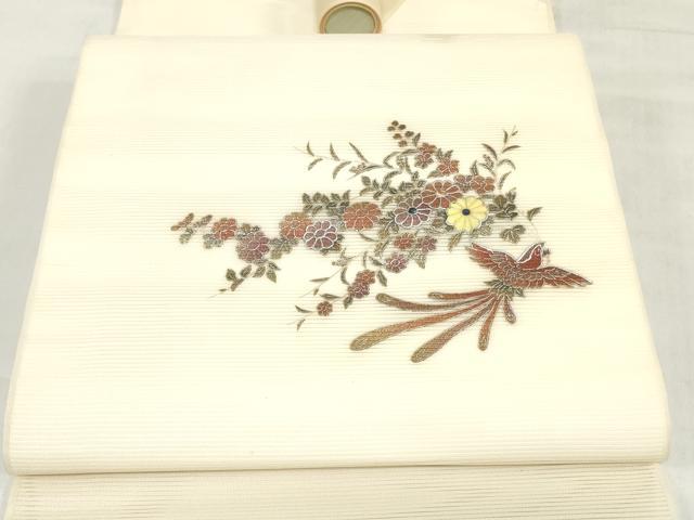 平和屋着物＊夏物　名古屋帯　帯反物　螺鈿　草花文　花喰い鳥　銀彩　逸品　未使用　DABJ0826zy