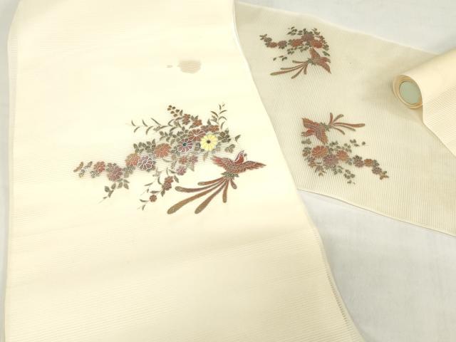 平和屋着物＊夏物　名古屋帯　帯反物　螺鈿　草花文　花喰い鳥　銀彩　逸品　未使用　DABJ0826zy