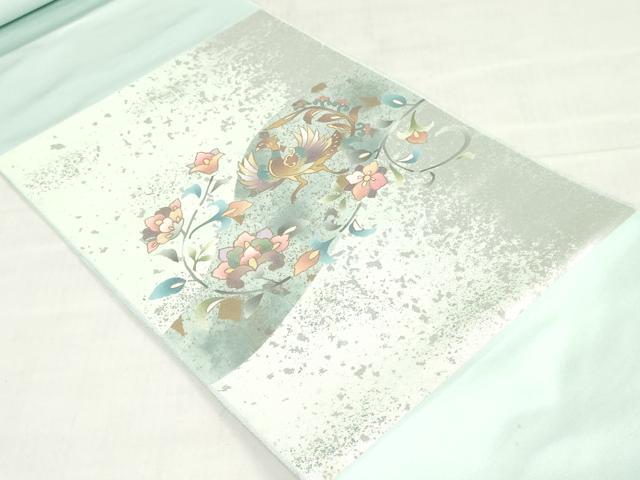 平和屋着物▼西陣　藤林織物謹製　名古屋帯　反物　螺鈿箔　尾長鳥草花文　金銀彩　証紙付き　逸品　未使用　DABJ0827zy