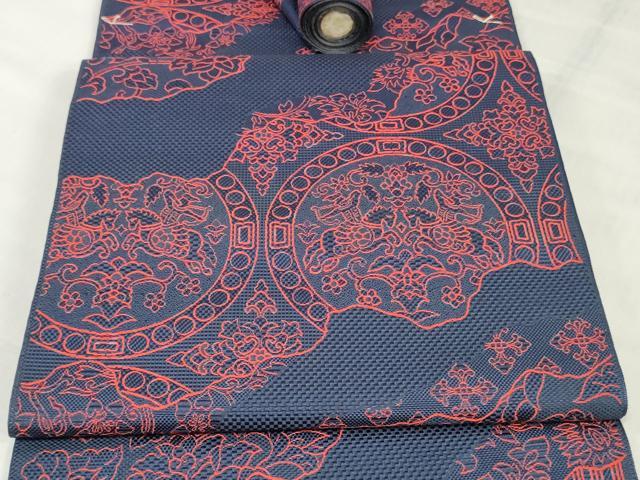 平和屋着物▼本場筑前博多織　名古屋帯　帯反物　狩猟文様　証紙付き　逸品　未使用　DABJ0847zy