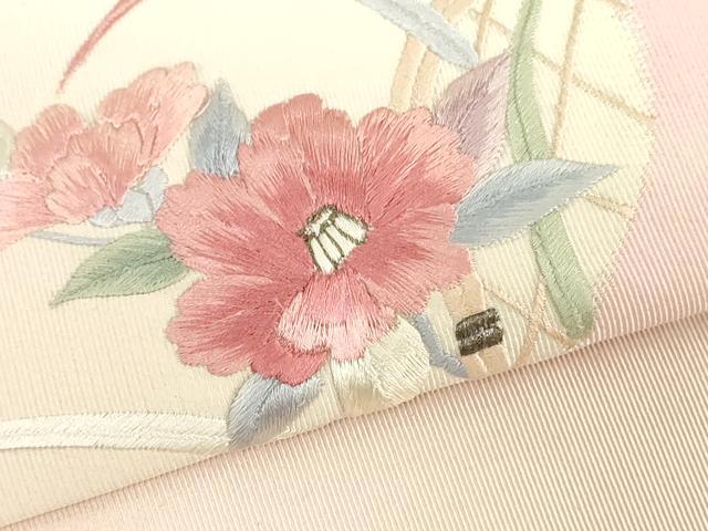平和屋着物▼名古屋帯　帯反物　総刺繍　籬草花文　逸品　未使用　DABJ0855zy