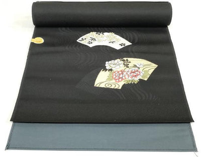 平和屋着物▼西陣　京都イシハラ謹製　名古屋帯　帯反物　地紙草花文　黒地　証紙付き　逸品　未使用　DABJ0857zy