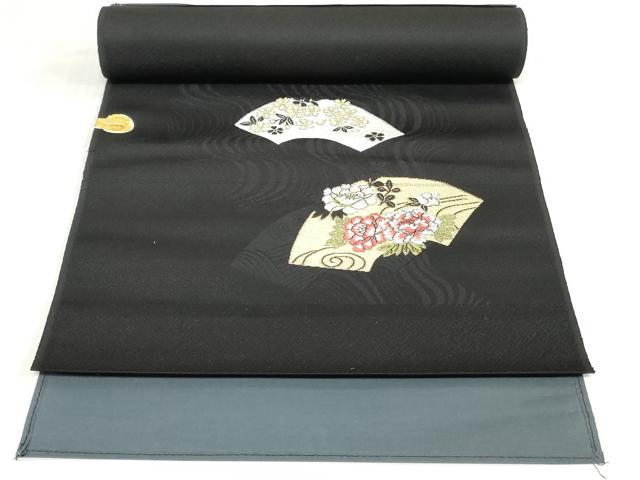 平和屋着物▼西陣　京都イシハラ謹製　名古屋帯　帯反物　地紙草花文　黒地　証紙付き　逸品　未使用　DABJ0857zy