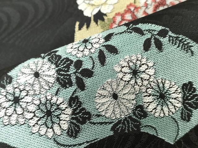 平和屋着物▼西陣　京都イシハラ謹製　名古屋帯　帯反物　地紙草花文　黒地　証紙付き　逸品　未使用　DABJ0857zy