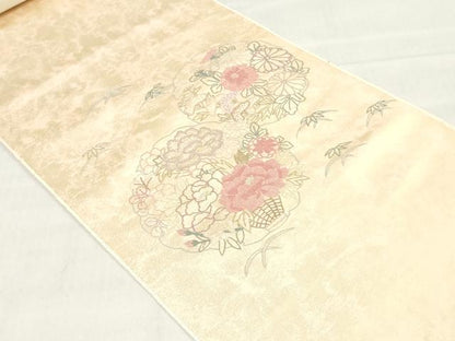 平和屋着物▼中国三大刺繍　相良刺繍　総刺繍　袋帯　帯反物　雪輪草花文　裏地付き　逸品　未使用　DABJ0862zy