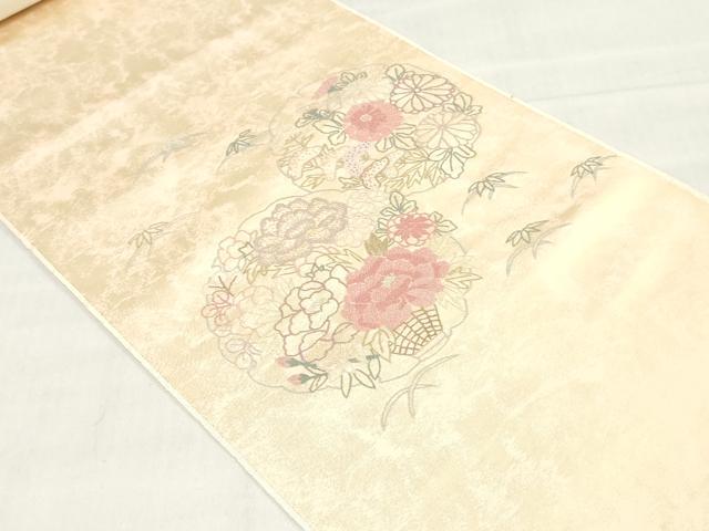 平和屋着物▼中国三大刺繍　相良刺繍　総刺繍　袋帯　帯反物　雪輪草花文　裏地付き　逸品　未使用　DABJ0862zy