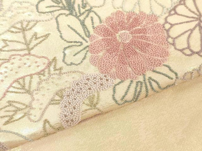 平和屋着物▼中国三大刺繍　相良刺繍　総刺繍　袋帯　帯反物　雪輪草花文　裏地付き　逸品　未使用　DABJ0862zy