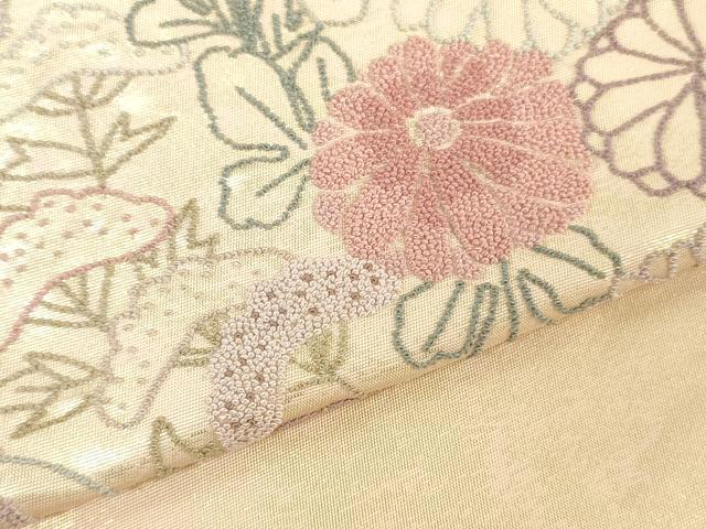 平和屋着物▼中国三大刺繍　相良刺繍　総刺繍　袋帯　帯反物　雪輪草花文　裏地付き　逸品　未使用　DABJ0862zy