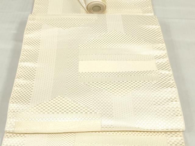 平和屋着物▼本場筑前博多織　名古屋帯　帯反物　幾何学文　生成り色　逸品　未使用　DABJ0863zy