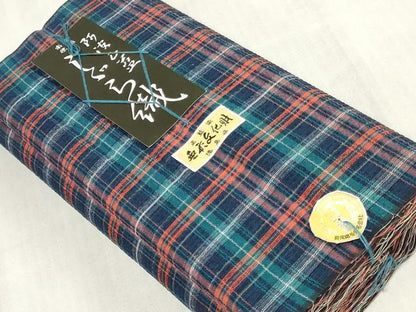 平和屋着物＊夏物　阿波しじら織　浴衣　反物　着尺　正藍　格子　証紙付き　綿　逸品　未使用　DABJ0912zy